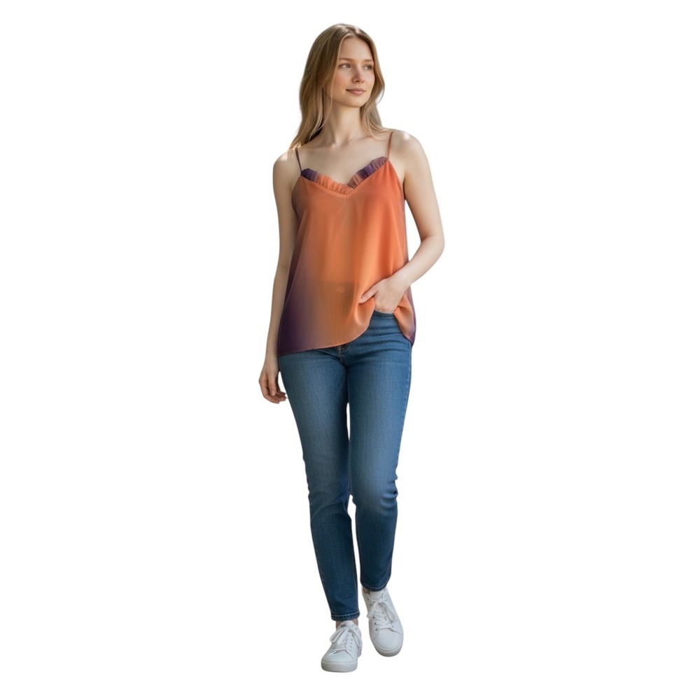 Adrienne Women Orange Purple Ombre Ruffle V-Neck Camisole Tank Top Size Medium